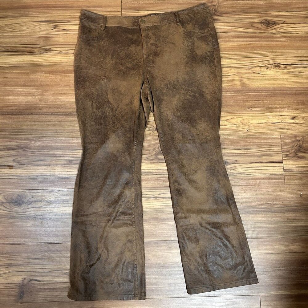 Cato Women’s Faux Leather Pants Size 22W Brown Distressed Bootcut Moto Y2K